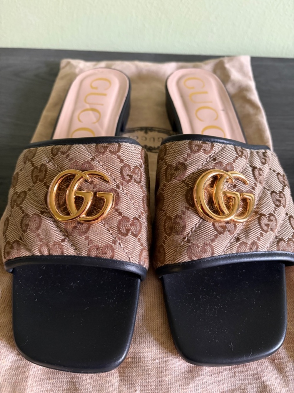 Gucci Brown GG Quilted Canvas Slide Sandals with Gold Hardware